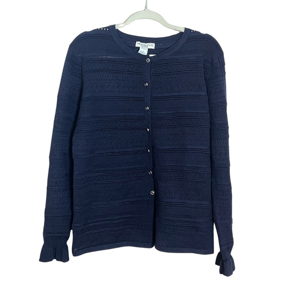 Melrose Chic Eyelet Knit Navy Blue Cardigan Sweater Size Large Dressy Career - Picture 1 of 7